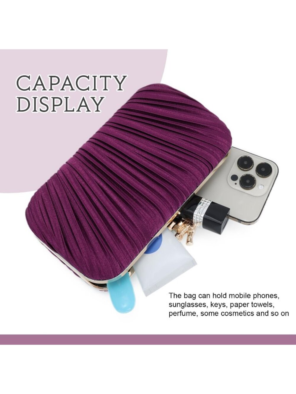 Women Dark Purple Pleated Clutch Purse For With Chain Wedding Party Evening Bag - Picture 4 of 6